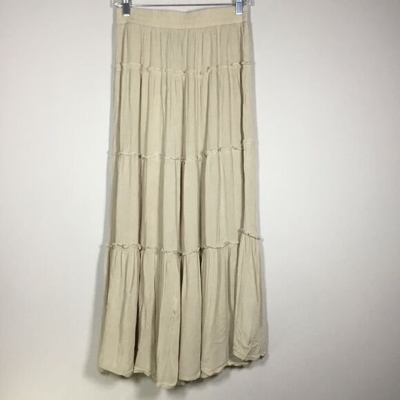 Cream tiered maxi skirt elasticated 27” waist summer spring beach floaty sz M - Picture 4 of 7